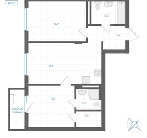 2-к квартира, вторичка, 64м2, 2/18 этаж