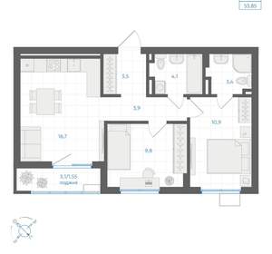 2-к квартира, вторичка, 54м2, 7/18 этаж