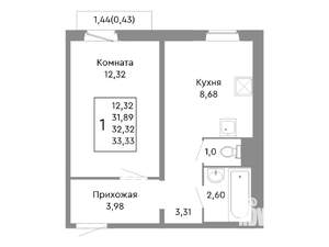1-к квартира, строящийся дом, 32м2, 9/10 этаж