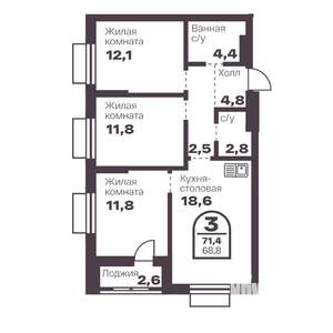 3-к квартира, вторичка, 69м2, 3/24 этаж