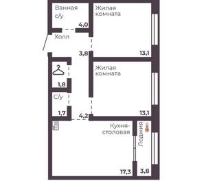 2-к квартира, вторичка, 59м2, 16/17 этаж