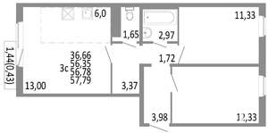 3-к квартира, строящийся дом, 57м2, 5/10 этаж