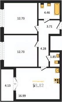 2-к квартира, сданный дом, 59м2, 11/17 этаж