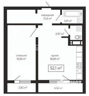 1-к квартира, вторичка, 52м2, 9/20 этаж