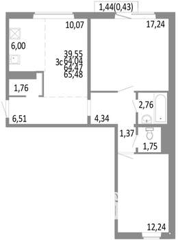 3-к квартира, строящийся дом, 64м2, 7/10 этаж