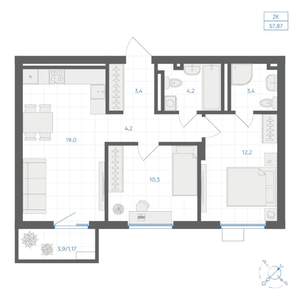 2-к квартира, вторичка, 58м2, 12/18 этаж