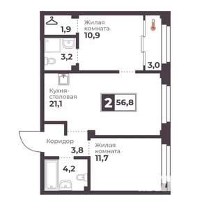 2-к квартира, строящийся дом, 57м2, 2/18 этаж