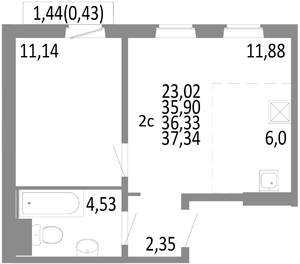 2-к квартира, строящийся дом, 36м2, 8/10 этаж