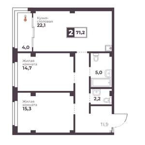 2-к квартира, строящийся дом, 71м2, 2/18 этаж