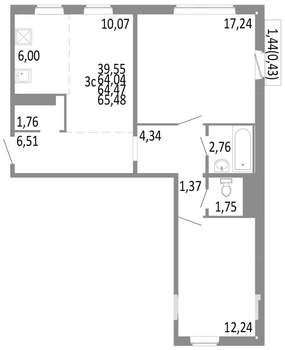 3-к квартира, строящийся дом, 64м2, 9/10 этаж