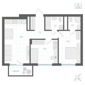 2-к квартира, вторичка, 57м2, 16/18 этаж