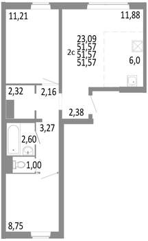 2-к квартира, строящийся дом, 52м2, 1/10 этаж