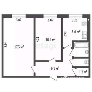 2-к квартира, вторичка, 44м2, 1/5 этаж