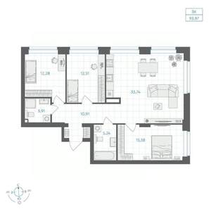 3-к квартира, вторичка, 94м2, 5/30 этаж