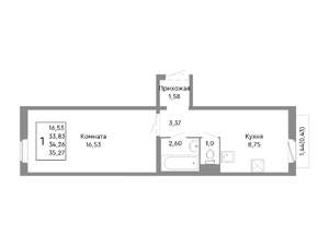 1-к квартира, строящийся дом, 34м2, 3/10 этаж