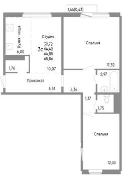 3-к квартира, строящийся дом, 65м2, 9/10 этаж