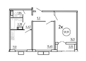 2-к квартира, строящийся дом, 60м2, 9/16 этаж