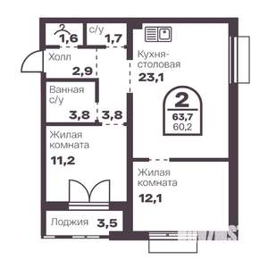 2-к квартира, вторичка, 60м2, 13/24 этаж