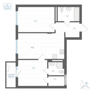 2-к квартира, вторичка, 64м2, 2/9 этаж