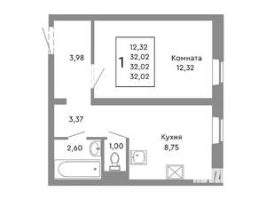 1-к квартира, строящийся дом, 32м2, 2/10 этаж