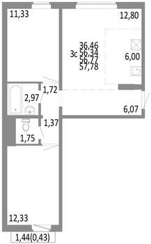 3-к квартира, строящийся дом, 57м2, 8/10 этаж