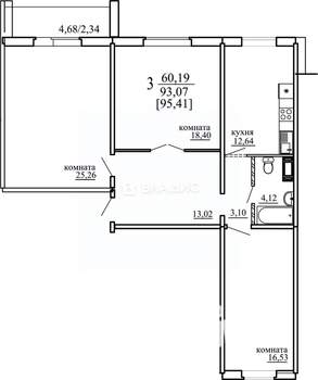 3-к квартира, вторичка, 93м2, 6/10 этаж