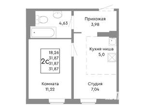2-к квартира, строящийся дом, 32м2, 2/10 этаж