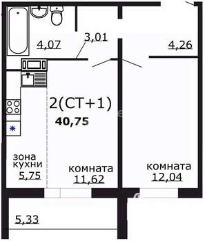 2-к квартира, вторичка, 41м2, 16/18 этаж