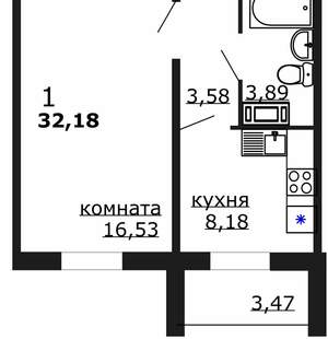 1-к квартира, вторичка, 32м2, 11/18 этаж