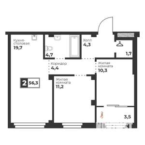 2-к квартира, строящийся дом, 56м2, 14/18 этаж