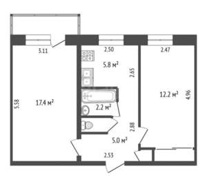 2-к квартира, вторичка, 45м2, 5/5 этаж