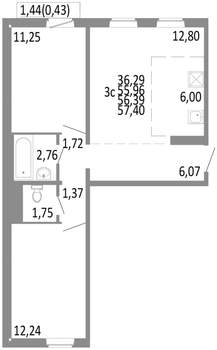 3-к квартира, строящийся дом, 56м2, 6/10 этаж