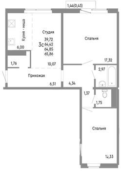 3-к квартира, строящийся дом, 65м2, 5/10 этаж
