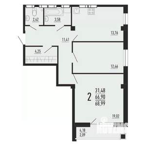 2-к квартира, вторичка, 69м2, 3/16 этаж