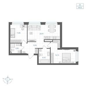 2-к квартира, вторичка, 69м2, 21/30 этаж