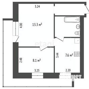 2-к квартира, вторичка, 36м2, 6/9 этаж