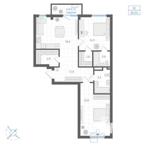 2-к квартира, вторичка, 85м2, 5/10 этаж