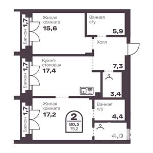 2-к квартира, вторичка, 75м2, 9/24 этаж