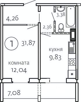 1-к квартира, строящийся дом, 32м2, 8/10 этаж