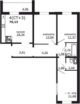 4-к квартира, вторичка, 70м2, 4/18 этаж