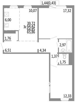 3-к квартира, строящийся дом, 64м2, 3/10 этаж