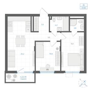 2-к квартира, вторичка, 60м2, 3/8 этаж