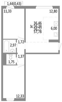 3-к квартира, строящийся дом, 57м2, 9/10 этаж