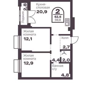 2-к квартира, вторичка, 60м2, 18/8 этаж