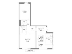 3-к квартира, строящийся дом, 62м2, 9/10 этаж