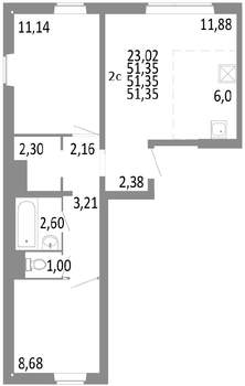 2-к квартира, строящийся дом, 51м2, 1/10 этаж