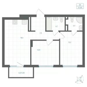 2-к квартира, вторичка, 58м2, 4/18 этаж