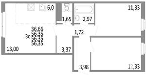 3-к квартира, строящийся дом, 56м2, 1/10 этаж