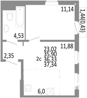 2-к квартира, строящийся дом, 36м2, 4/10 этаж