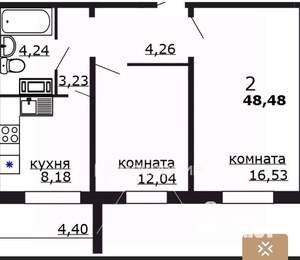2-к квартира, вторичка, 52м2, 8/12 этаж